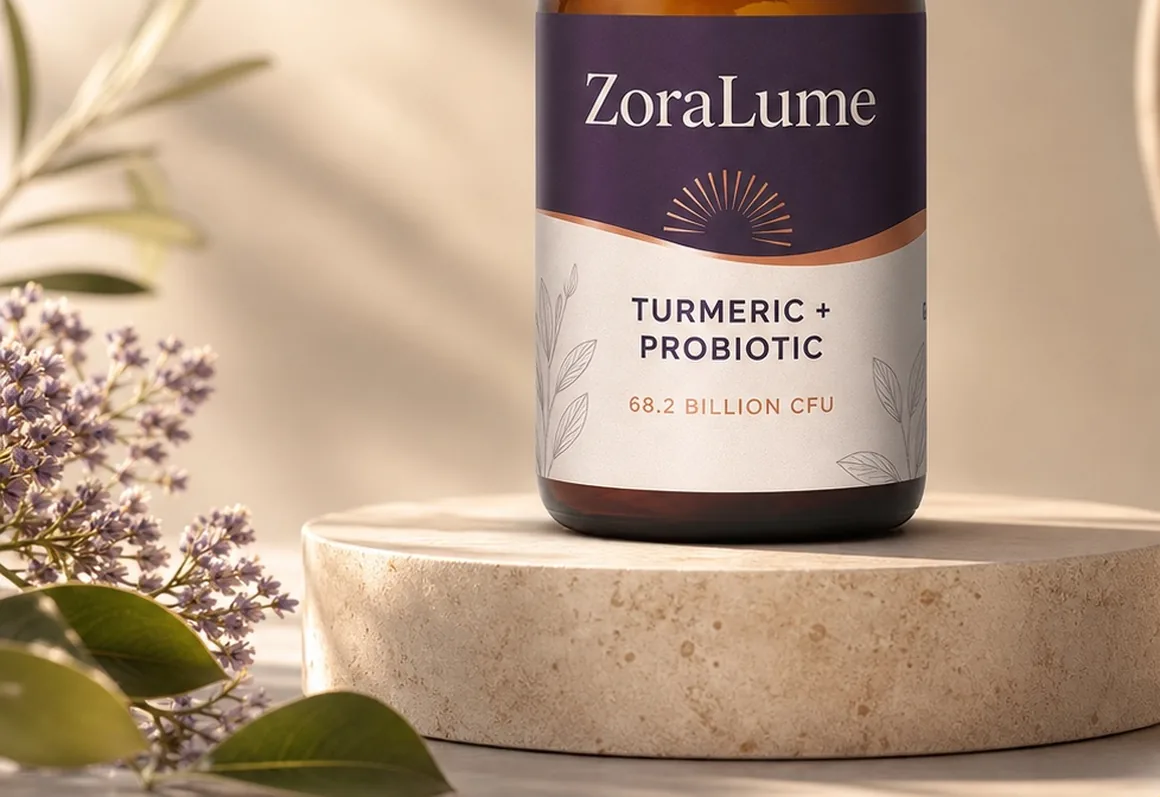 ZoraLume bottle in raking light, surrounded by lilac and olive leaves