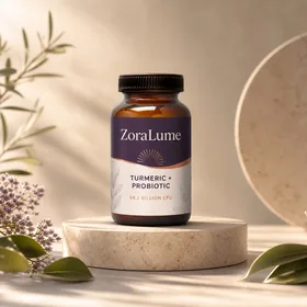 ZoraLume turmeric and probiotics bottle standing on a pale stone plinth
