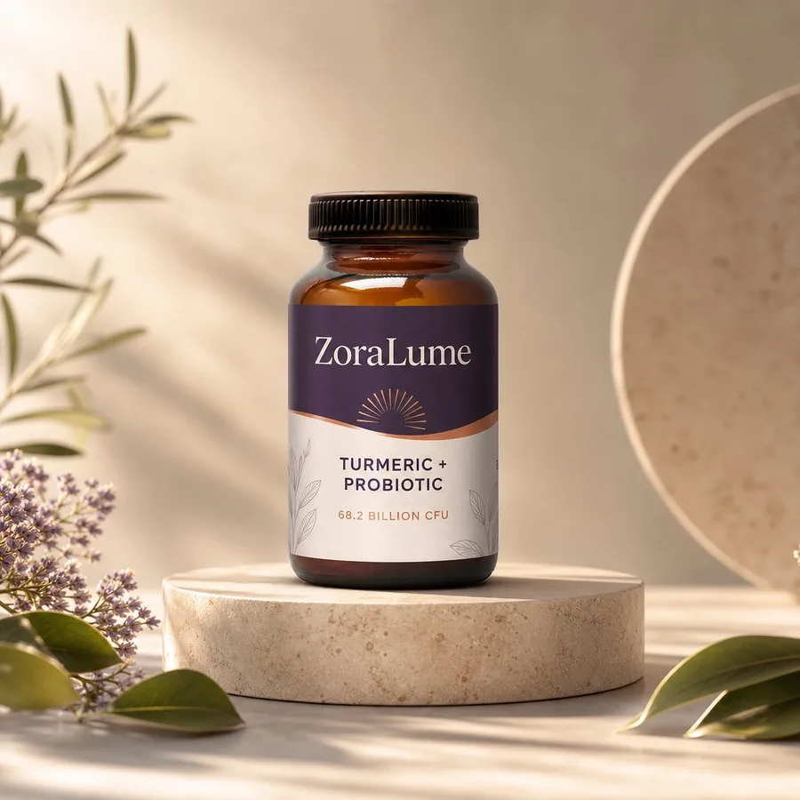 Amber ZoraLume bottle, turmeric and probiotics, 68.2 billion CFU, standing on a pale stone plinth