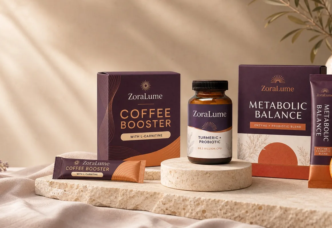 ZoraLume products laid out on pale linen, between an olive branch and a ceramic vase