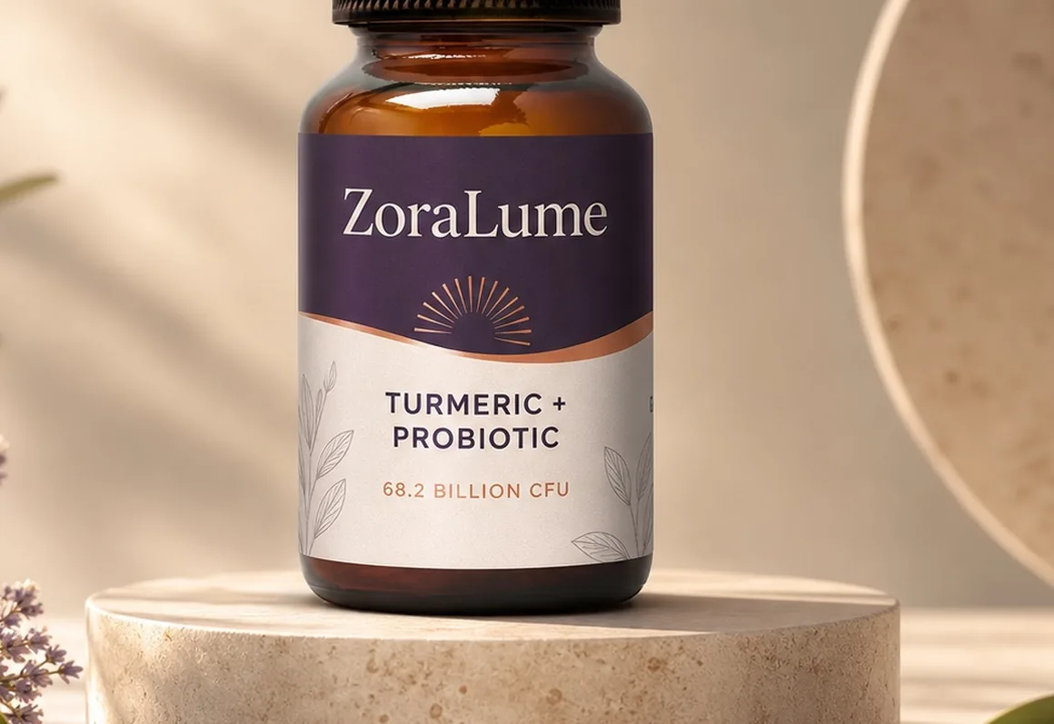 ZoraLume bottle seen head on atop a stone plinth, with olive foliage and lilac behind it