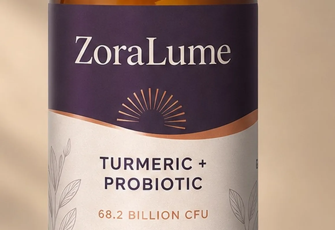 Close view of the ZoraLume label, reading turmeric and probiotics, 68.2 billion CFU